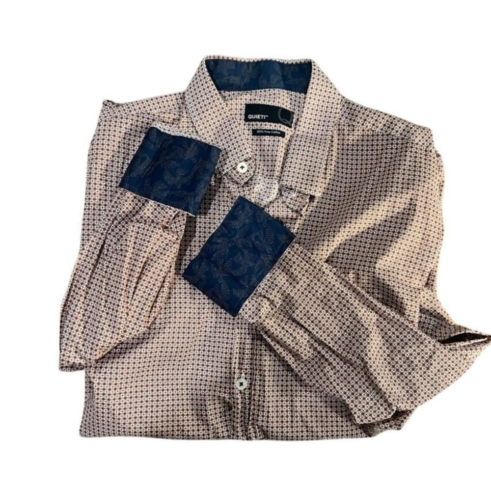 Quieti‎ Brown Geometric Pattern Shirt with Dove Birds on Flip Cuffs Size Medium